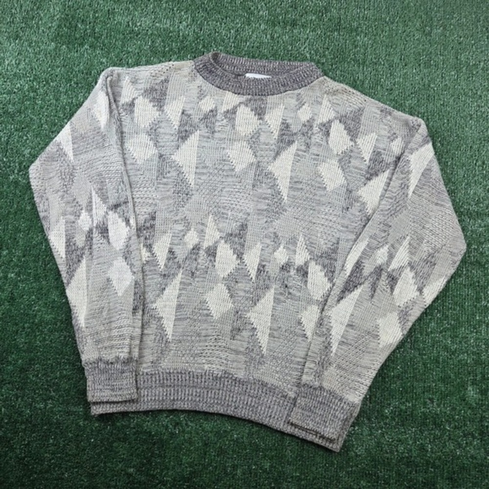 Vintage Abstract Geometric Knit Sweater Mens Gray White Textured Crewneck‎ XL